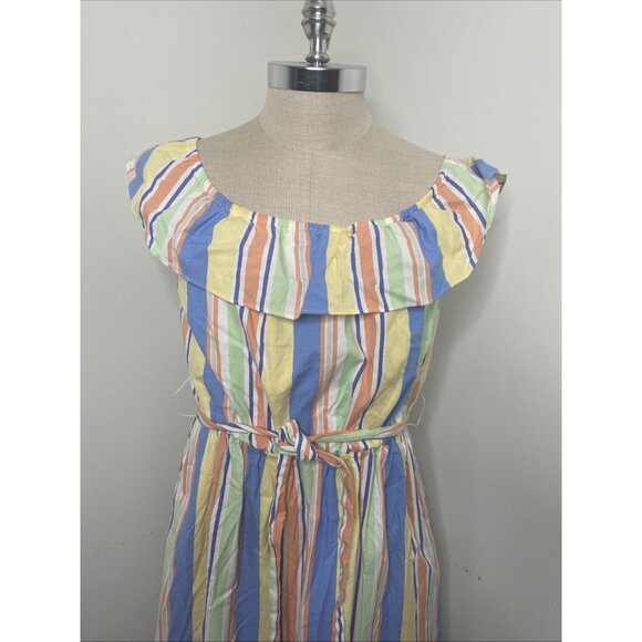 Draper James Rainbow Striped Maxi Dress L Ruffle Tie Waist Off The Shoulder - Picture 2 of 10